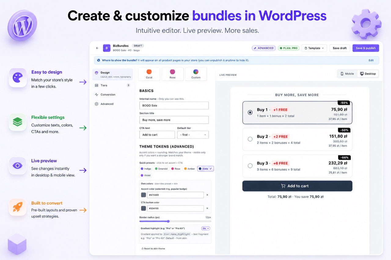 BizBundles editor with live preview - bundle visible instantly on the product page